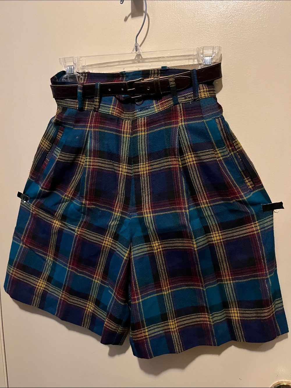 Casual Corner Teal, Navy & Yellow Plaid High-Waist Shorts